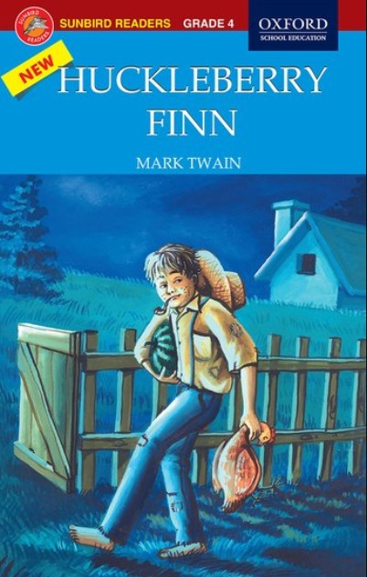 Book cover for Huckleberry Finn. A boy walking in front of a fence