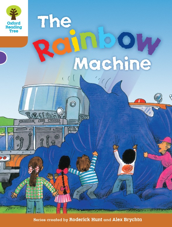 Book cover of The Rainbow Machine. Children pulling a tarp off of a machine.