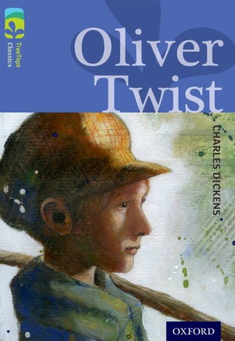 Oliver Twist book cover. A boy in a hat looking into the distance.